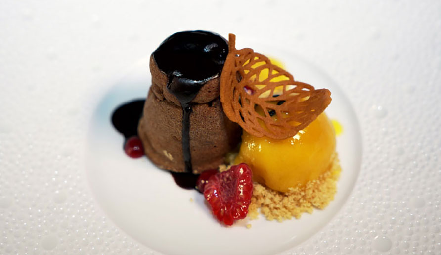 Dark chocolate fondant with passion fruit sorbet