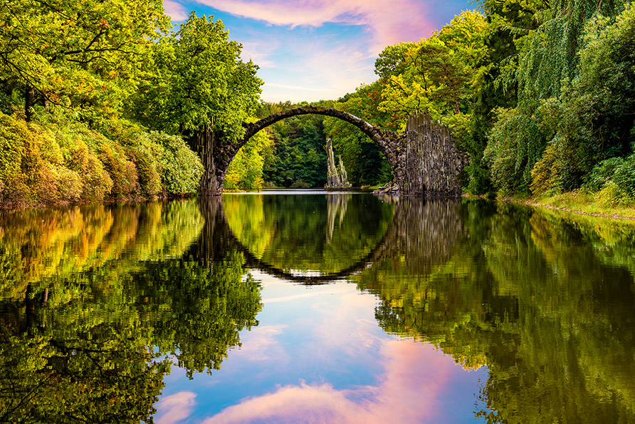 Rakotzbrücke Devil’s Bridge reflection in lake