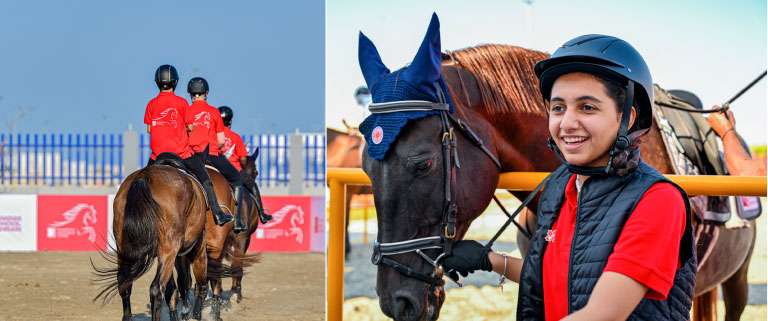 Students learning horse care at CSB Bahrain