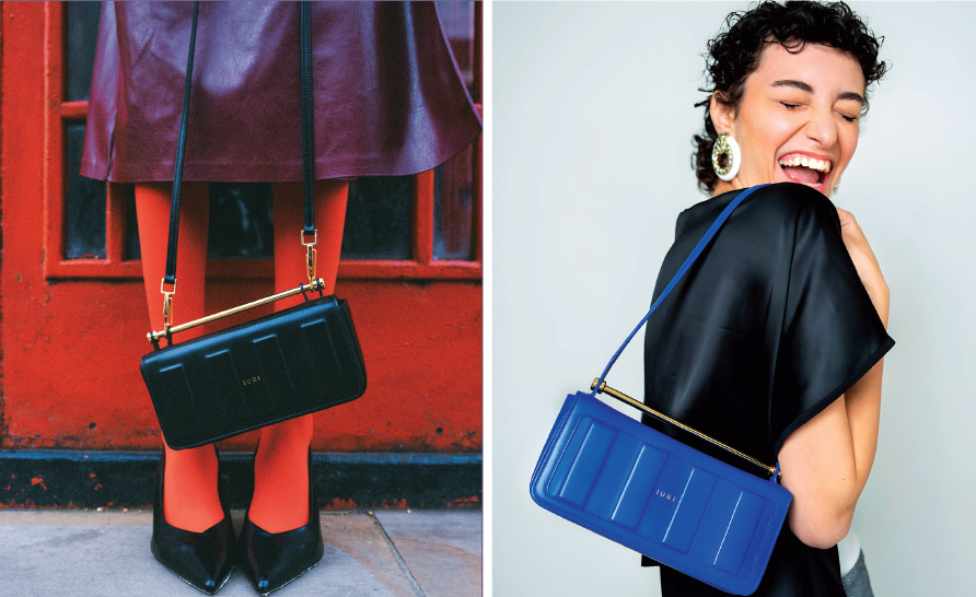Jure Stropnik, founder of IURI, showcasing leather goods