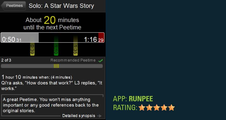 RunPee app showing Peetime alerts for cinema breaks