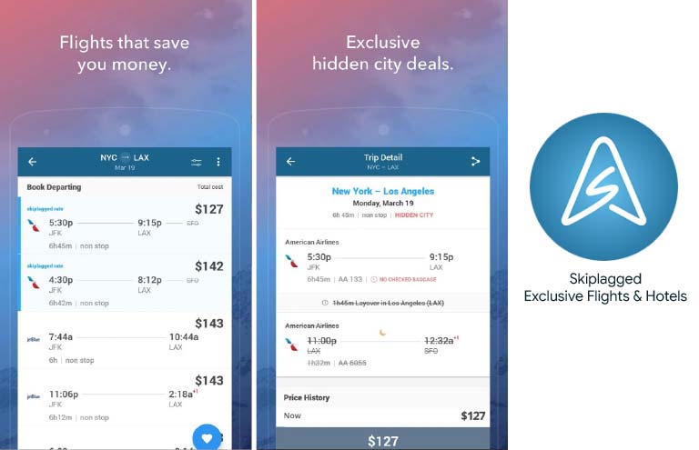 Skiplagged app searching hidden city flights for cheaper fares