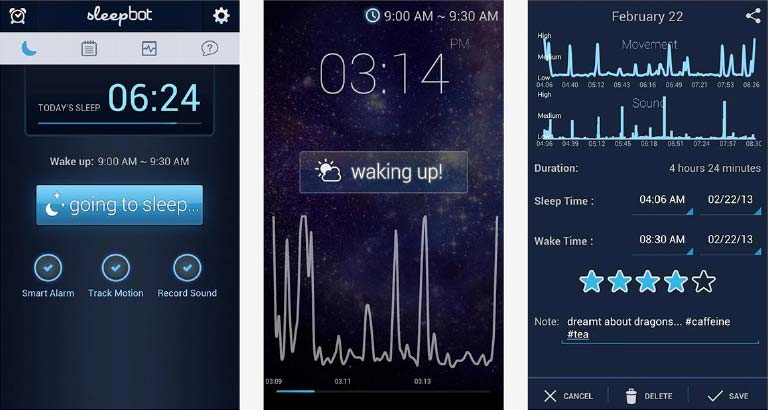 SleepBot app sleep-cycle tracking with smart alarm