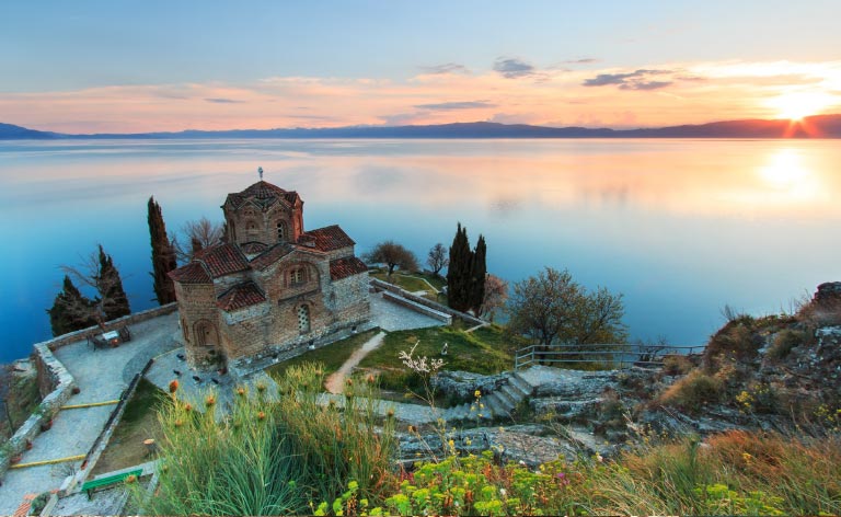 Ohrid old town and Lake Ohrid in North Macedonia